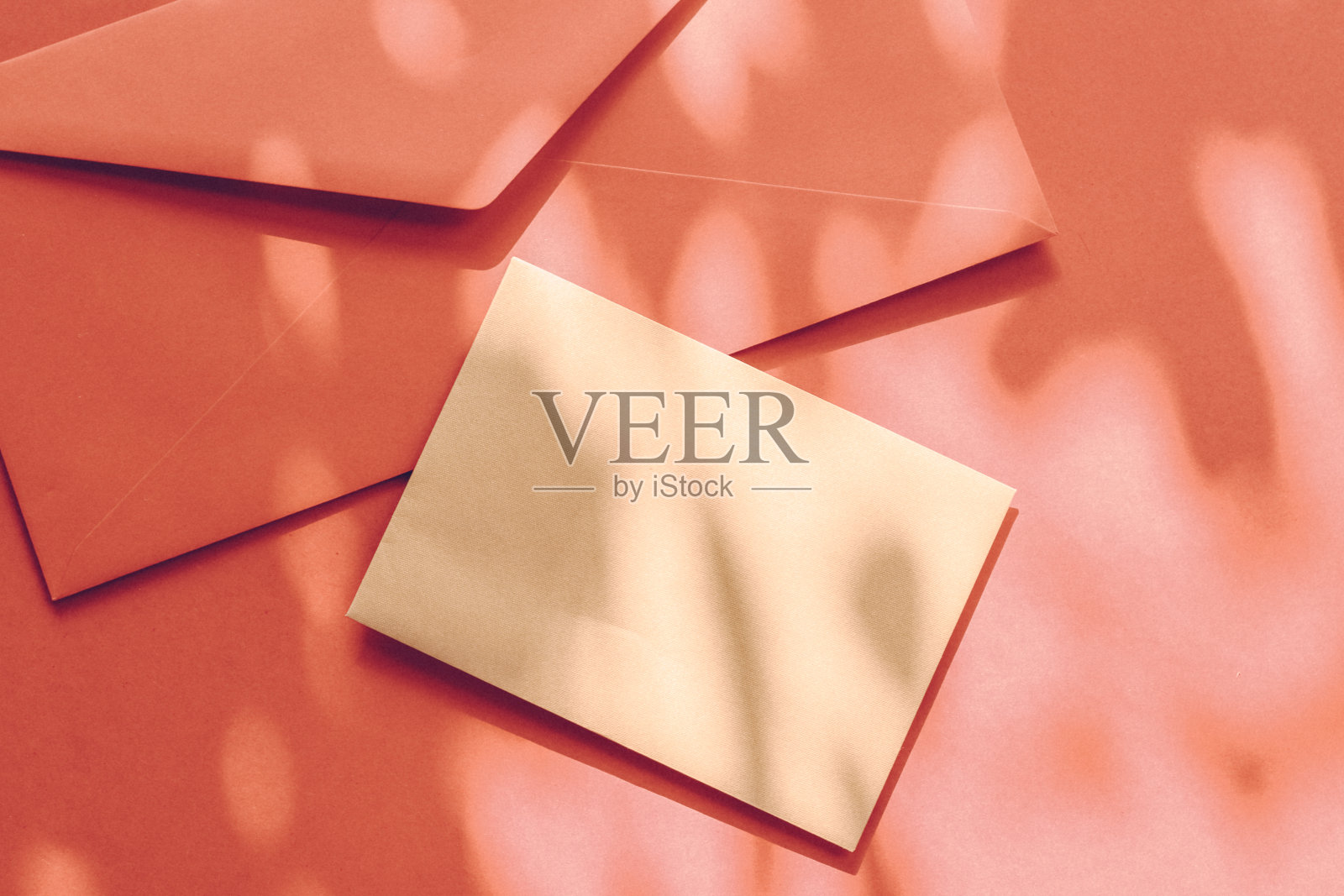 美妆品牌标识为平面模型设计，橙色阴影背景下的网络奢侈品牌名片和信件照片摄影图片