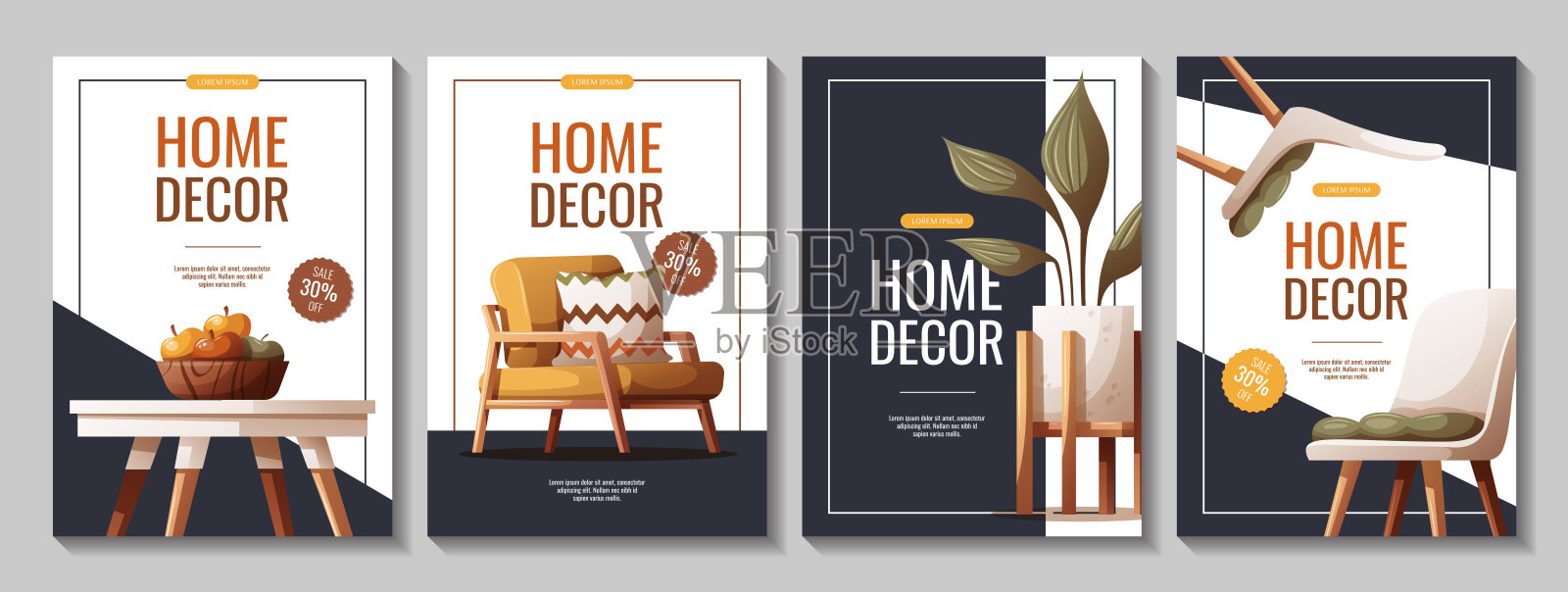 一套传单与舒适的扶手椅，餐桌，室内植物。插画图片素材