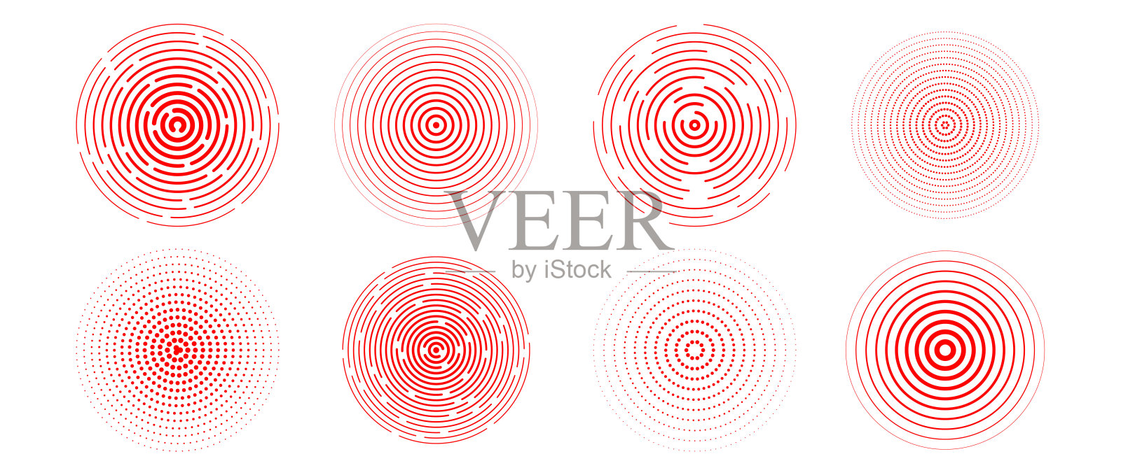 红色同心圆套。径向声纳或声波环收集。半色调，虚线和虚线震中，目标，雷达图标符号。波纹同心圆信号振动元件。向量插画图片素材