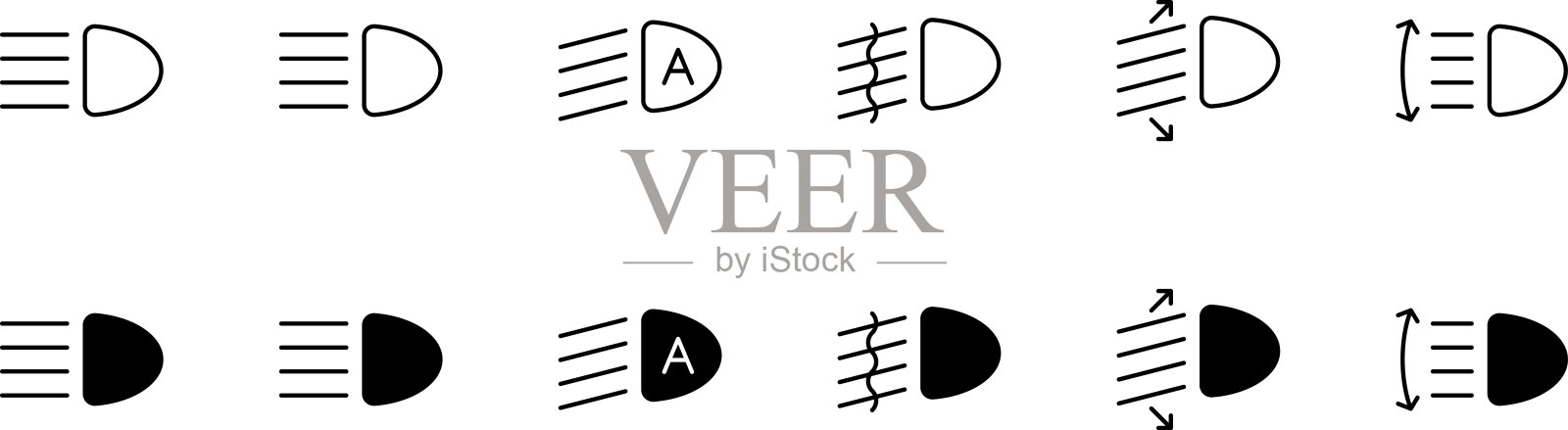 前灯，指示灯，仪表盘图标。矢量远光灯。车灯标志。矢量图标的车辆仪表板指标。这些符号包括高低光束和可调前灯符号。插画图片素材