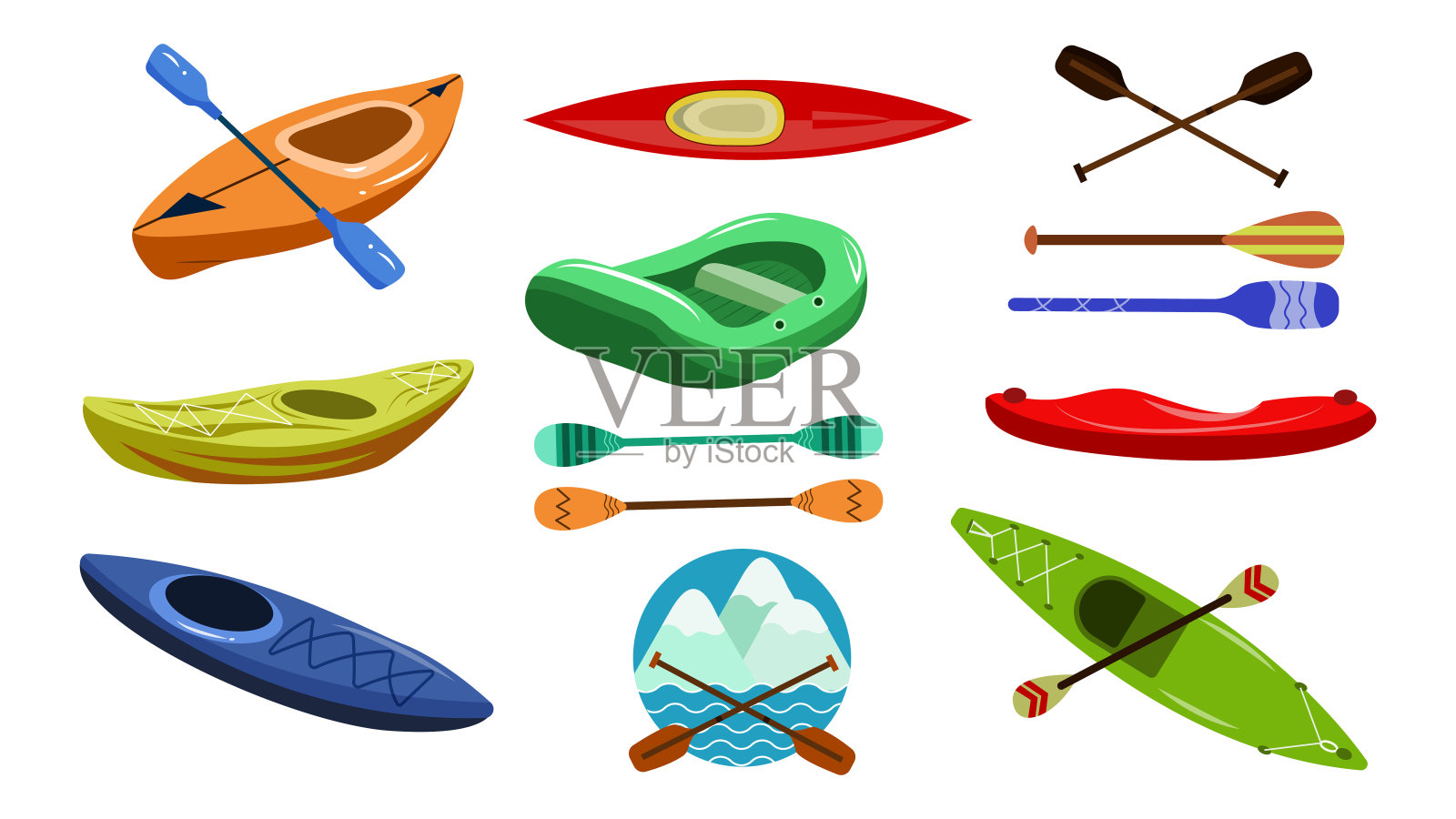 一套不同种类的船，配有卡通风格的桨。矢量插图的船和桨装饰图案:独木舟，皮划艇，充气船和漂流标志孤立的白色背景。插画图片素材