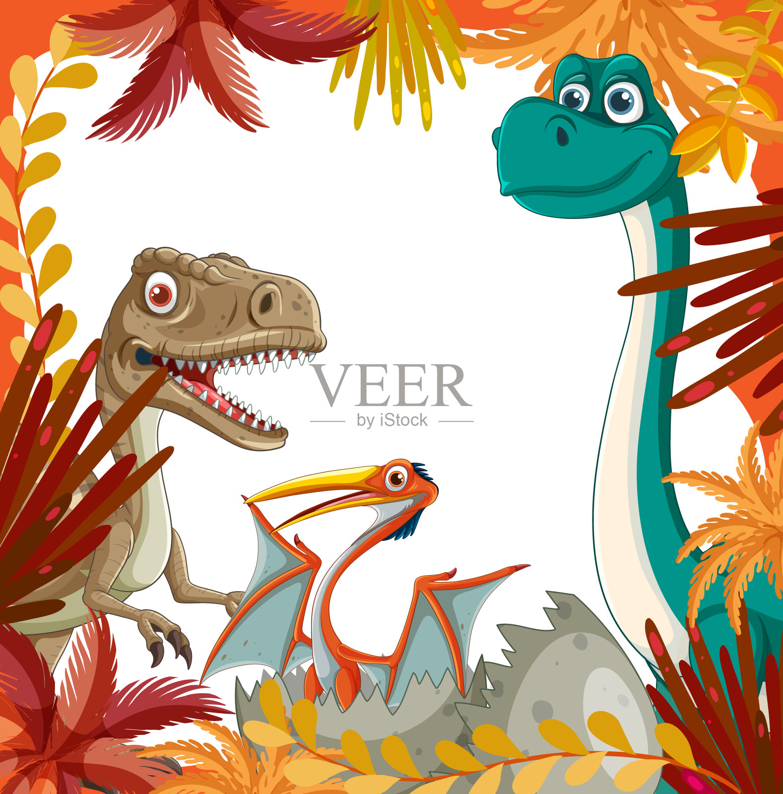 五颜六色的恐龙被生机勃勃的丛林树叶包围插画图片素材