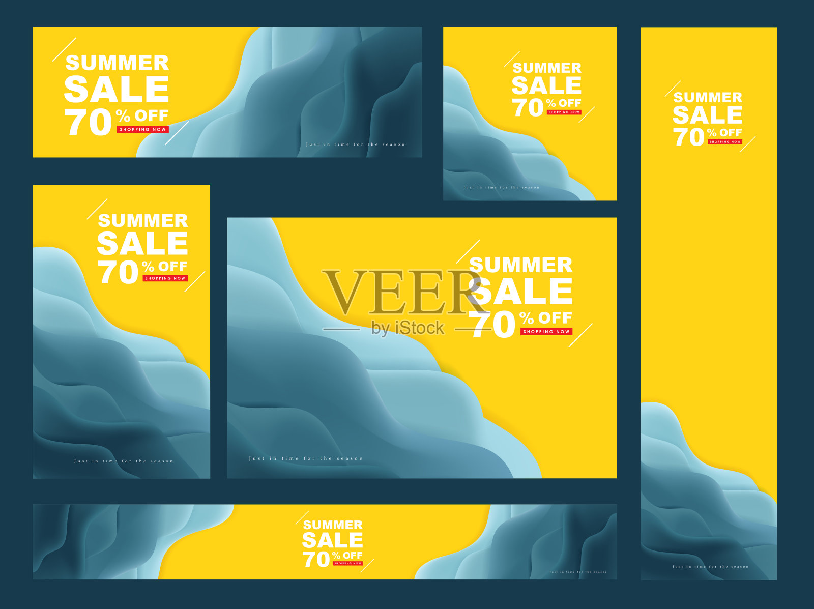 夏季销售网页横幅模板与蓝色波纹抽象波的背景插画图片素材