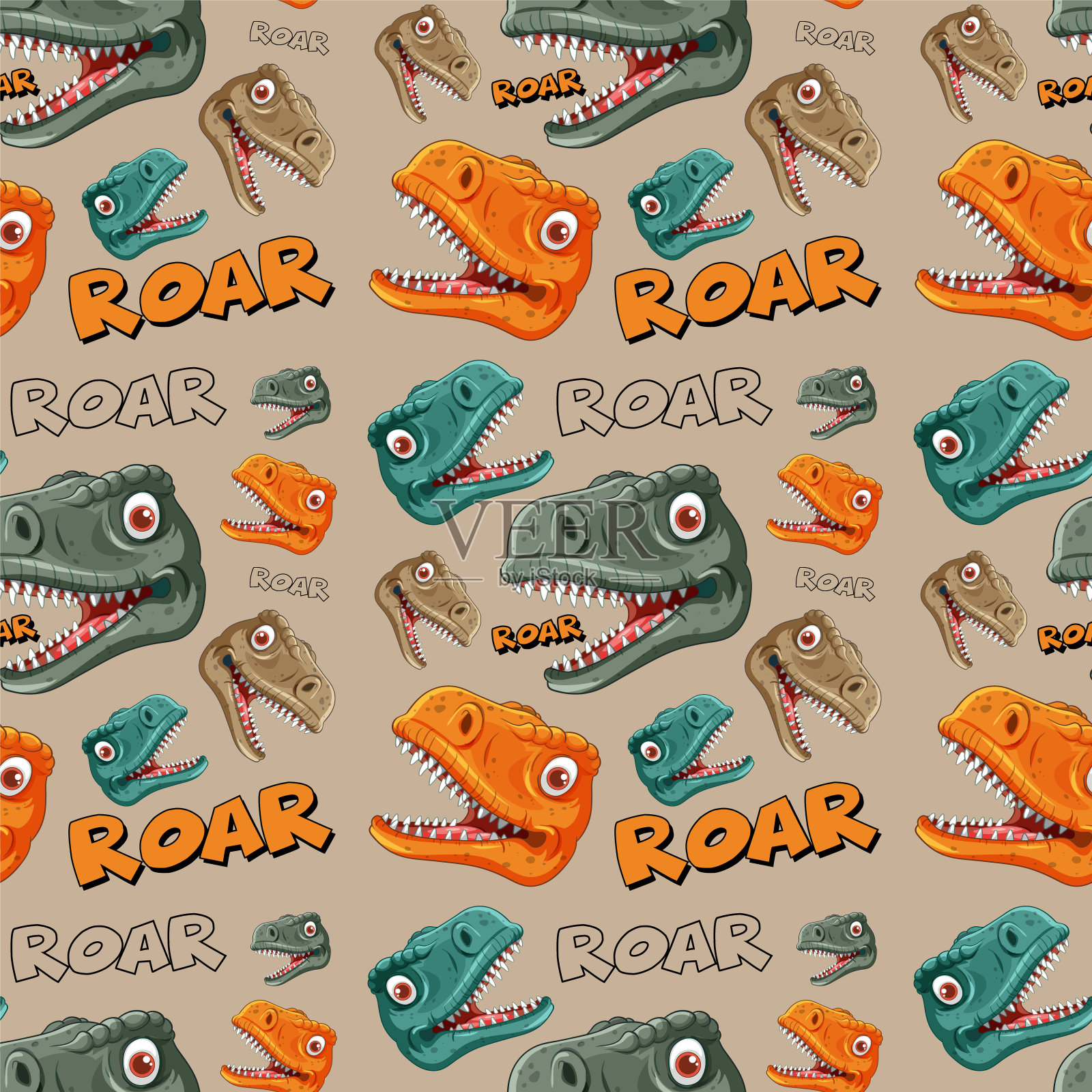 充满活力的恐龙头和“咆哮”文字插画图片素材