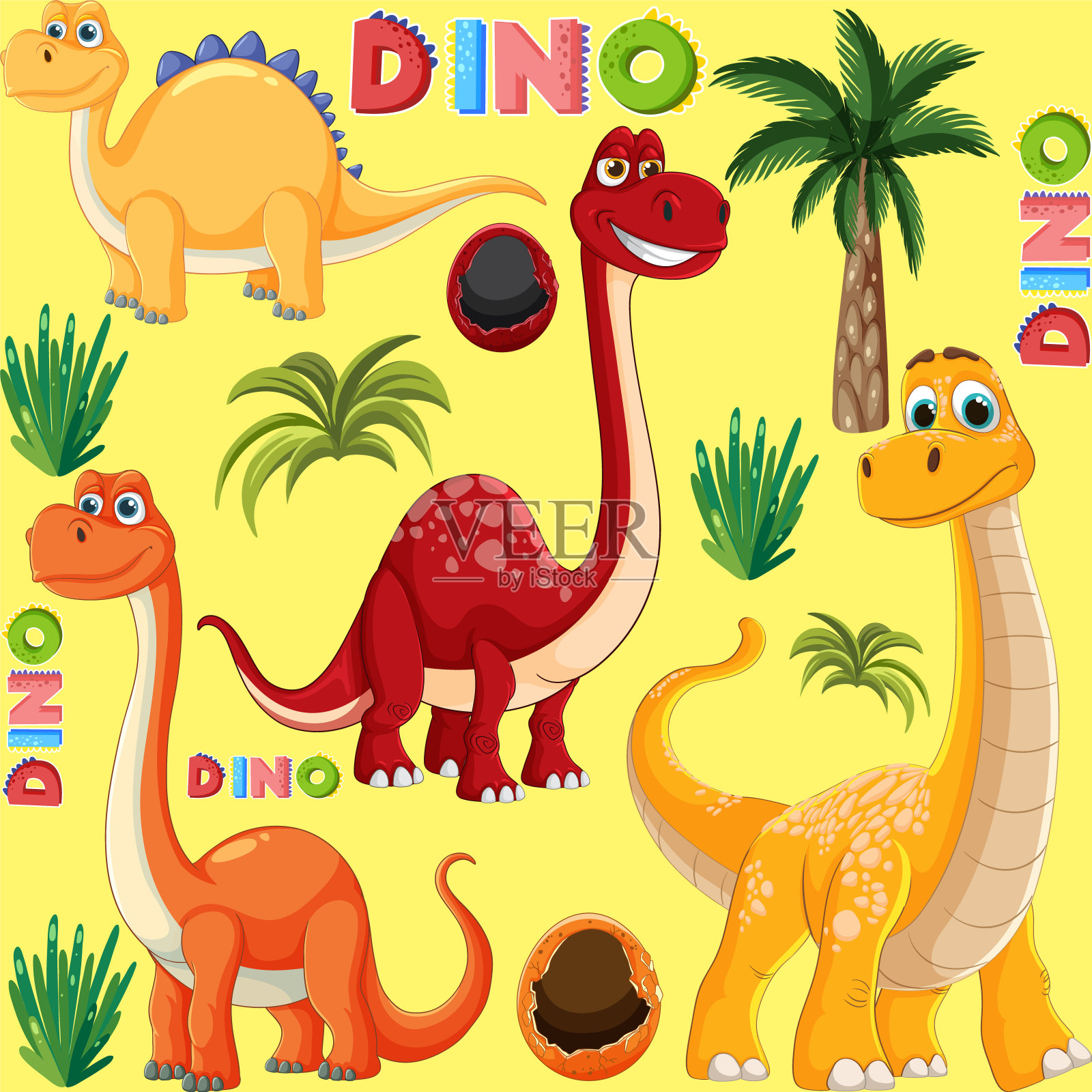 明亮的恐龙与植物和文字在黄色背景插画图片素材