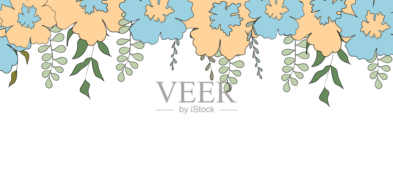 你好，春季横幅系列。背景用彩色叶、花。自然概念设计。现代花卉组合在时尚的平面简单的风格。矢量插图海报，贺卡插画图片素材