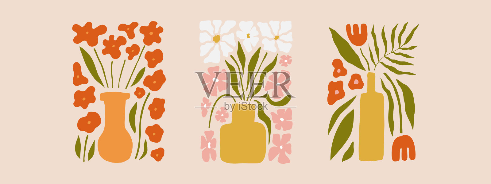 一组抽象的花朵海报。时髦的夏季植物墙艺术与波西米亚柔和的色彩花卉设计。现代天真时髦的室内装饰，绘画。矢量艺术插图。插画图片素材