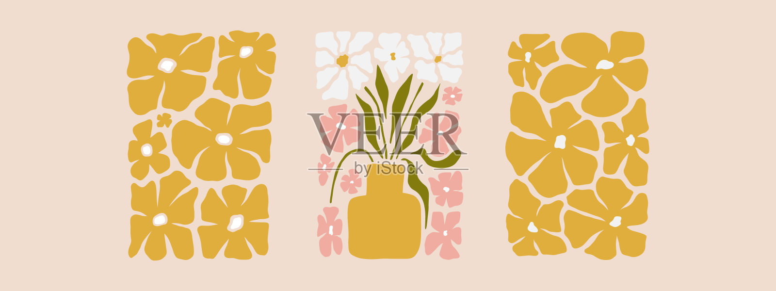 抽象花海报集。时髦的植物墙艺术与野生花卉植物，并在嬉皮风格的叶子。现代天真时髦的室内装饰和绘画。彩色平面插图插画图片素材