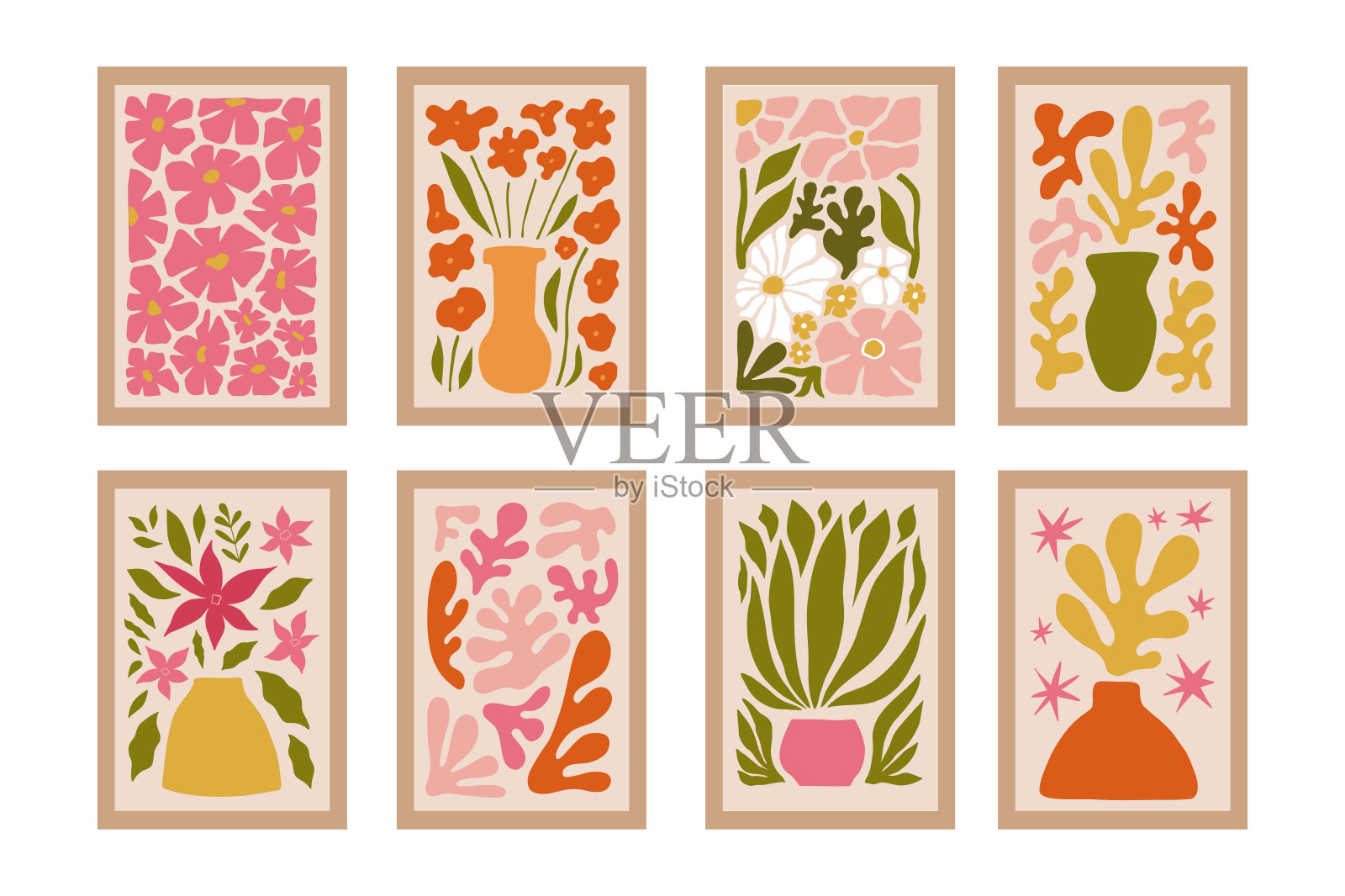 抽象花卉海报模板。现代新潮的极简风格。黄色和红色。壁纸，海报，印刷品，明信片，封面，模板和横幅的手绘设计。插画图片素材