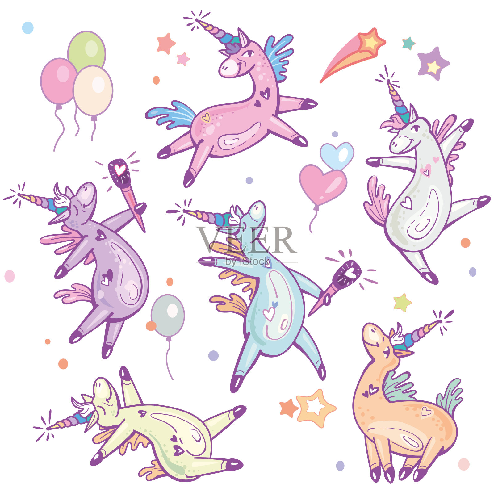 一套可爱的彩色独角兽唱歌的独角兽插画图片素材