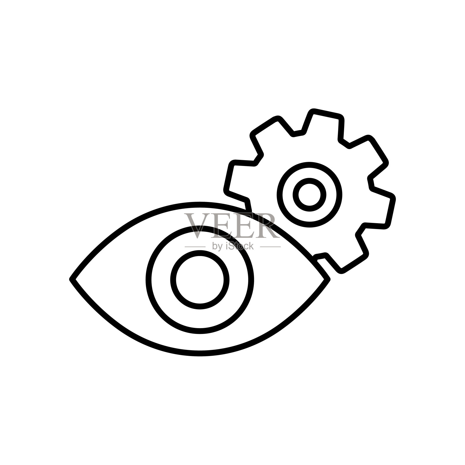 眼睛和齿轮图标。商业愿景概念。视觉识别，聚焦，视野，视觉，未来科技，眼睛与扫描框架，科技概念。细线符号可编辑笔画。插画图片素材