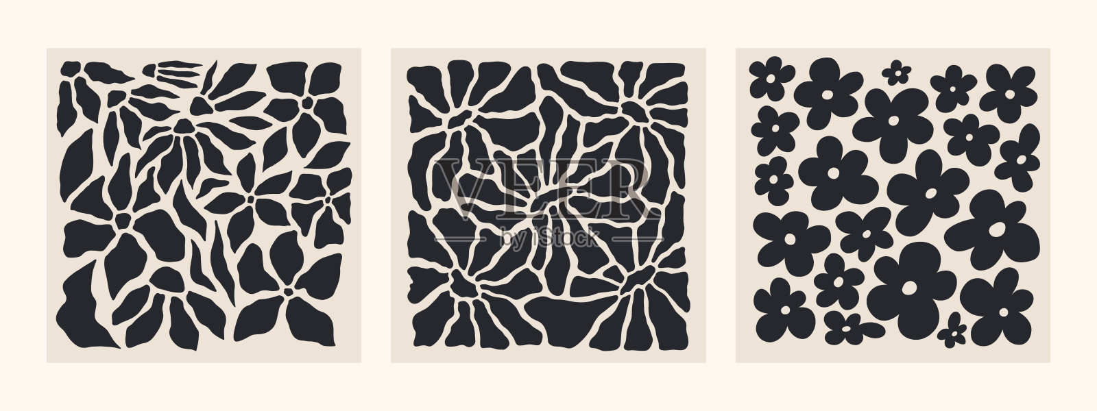 抽象的groovy花卉广场海报。现代新潮的极简风格。手绘复古设计的壁纸，墙壁装饰，印刷品，明信片，封面，模板，横幅。黑色和米色插画图片素材