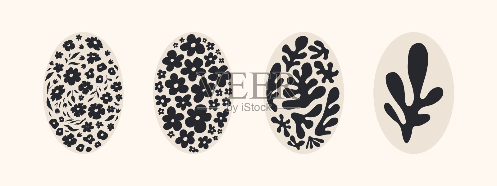 抽象的时髦花海报。现代新潮的极简风格。手绘椭圆形设计壁纸，墙壁装饰，印刷，明信片，封面，模板，横幅。黑色和米色插画图片素材