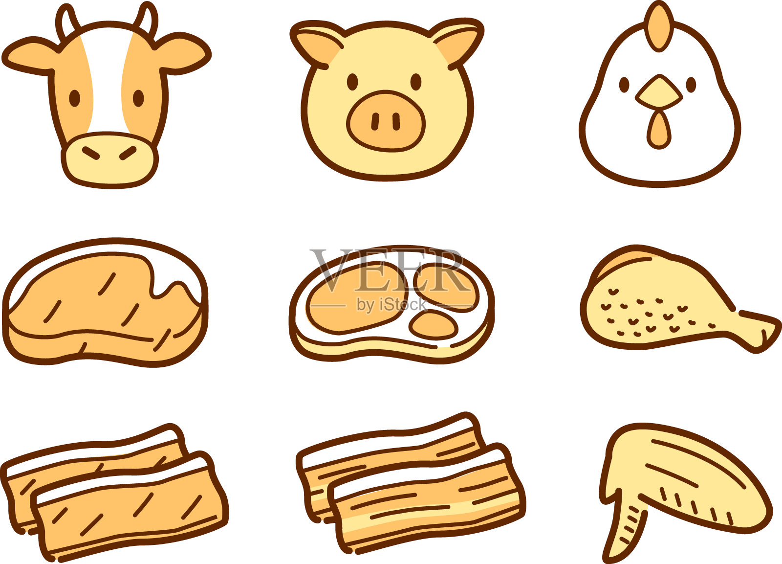 动物脸的图标与各自的肉。鸡肉、猪肉、牛肉插画图片素材