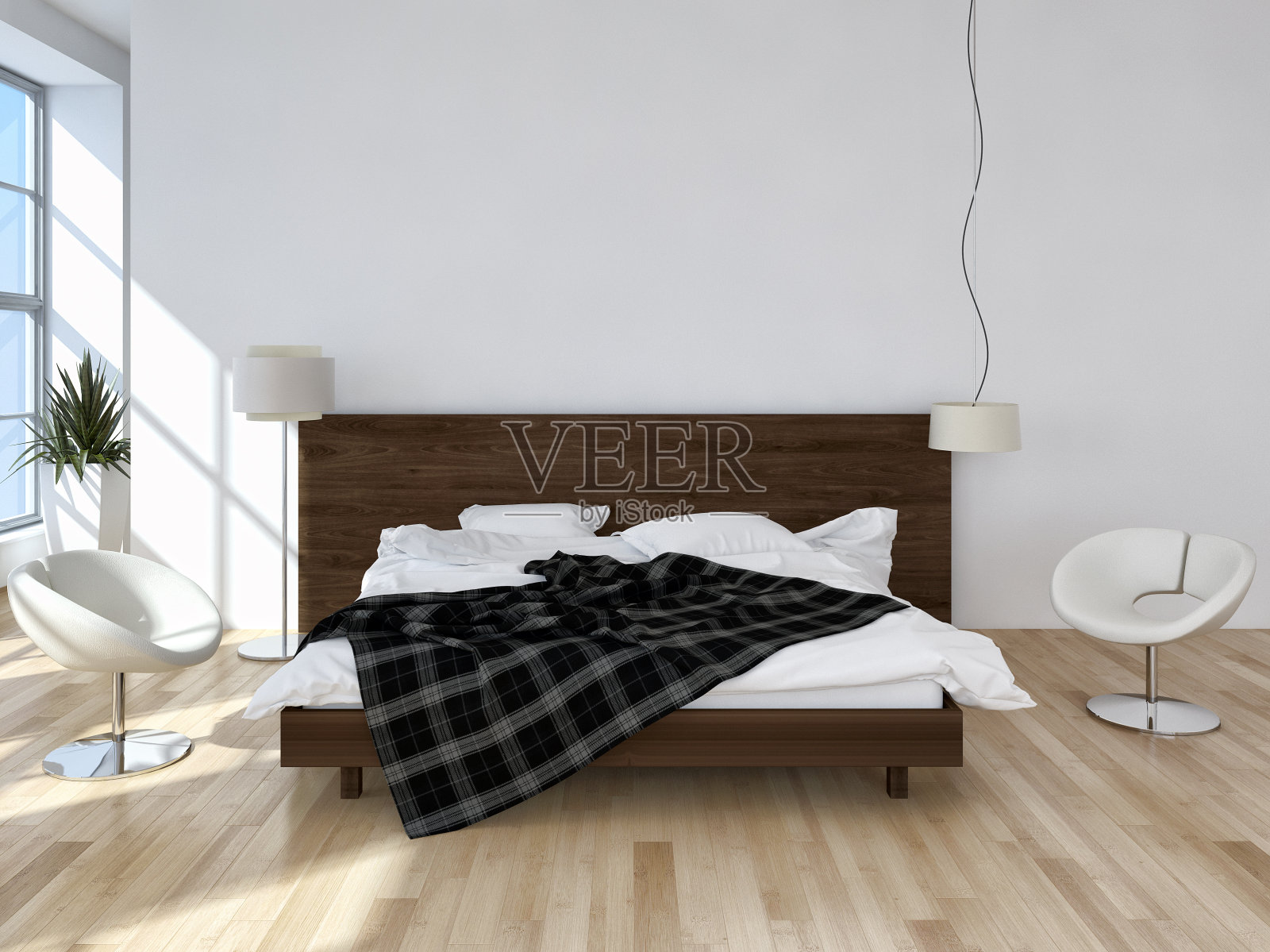 现代明亮的卧室室内3D渲染插图电脑生成的图像照片摄影图片