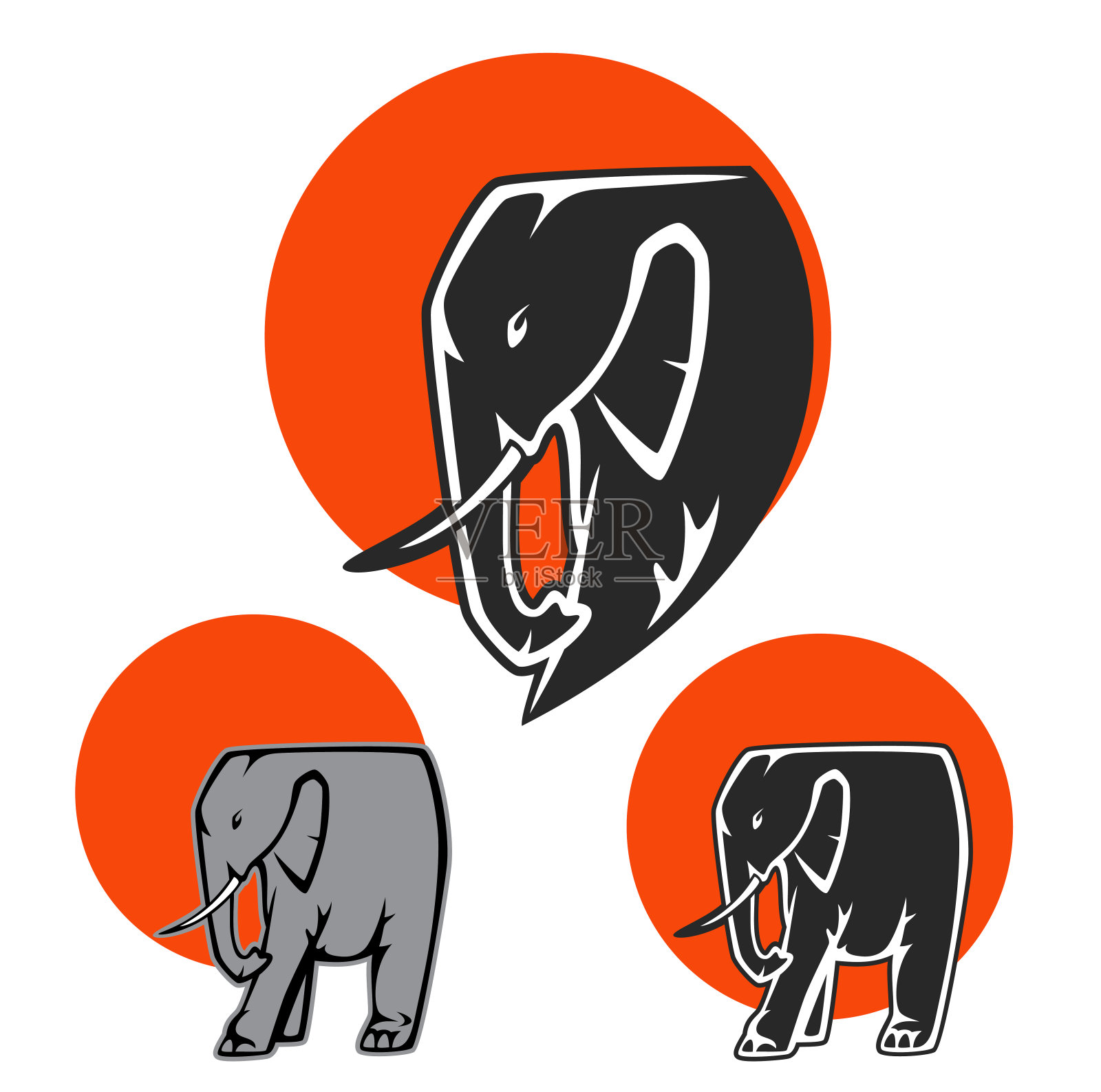 非洲象与红色的太阳圆盘矢量设计集插画图片素材