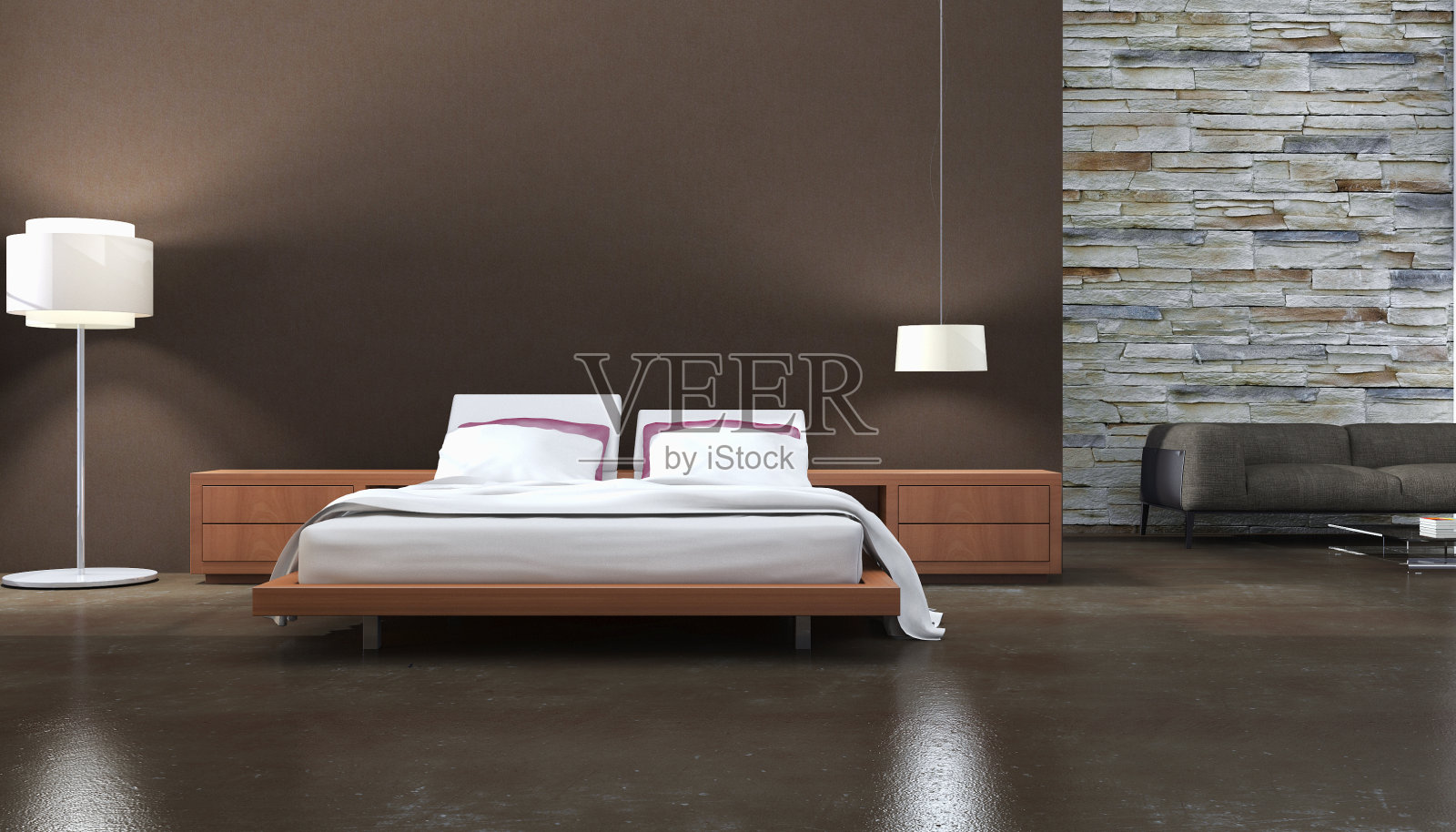 现代明亮的卧室室内3D渲染插图电脑生成的图像照片摄影图片