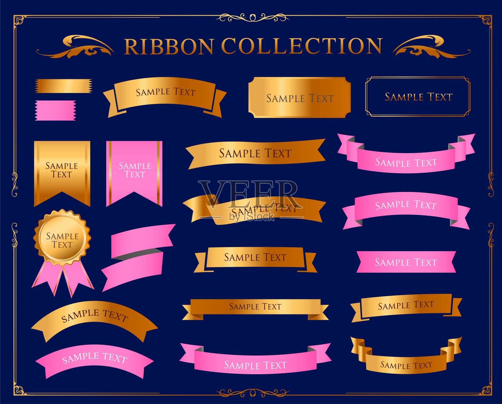 丝带装饰设计集和古色古香的边框和框架设计插画图片素材