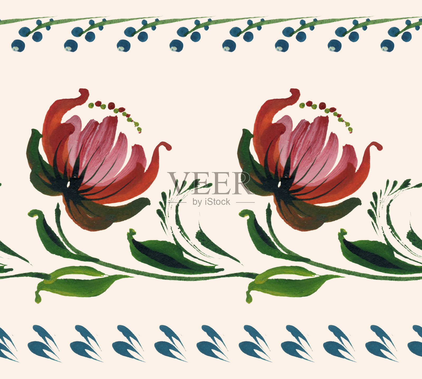 花卉无缝边框图案从粉红色的牡丹花，蓝莓束和绿叶在米色背景。彼得里基夫卡传统绘画插画图片素材