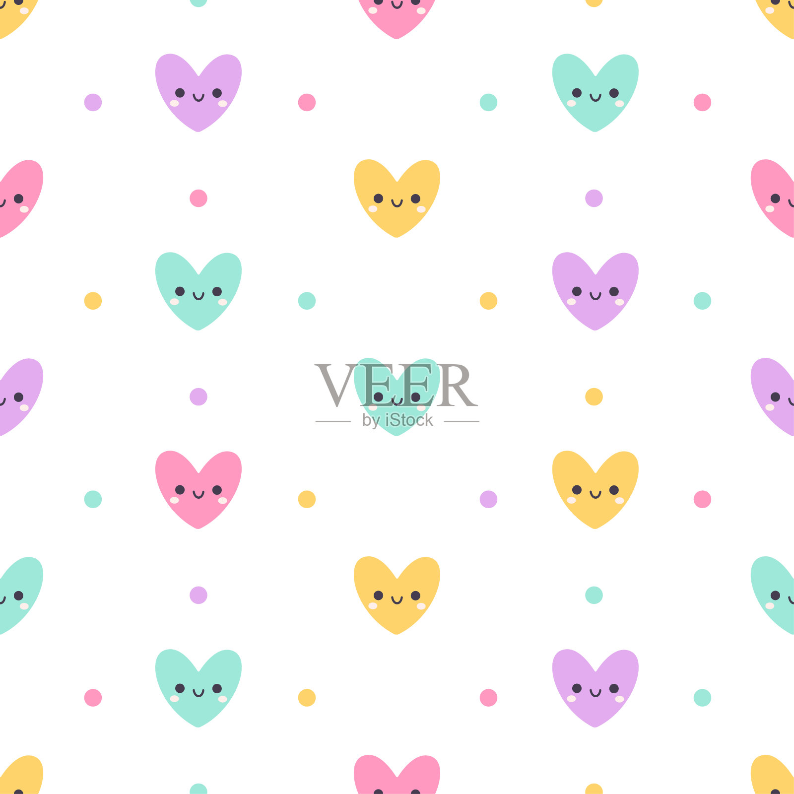 无缝图案与可爱的心字符。用于织物、纺织品、包装纸的设计。矢量插图在平面风格插画图片素材