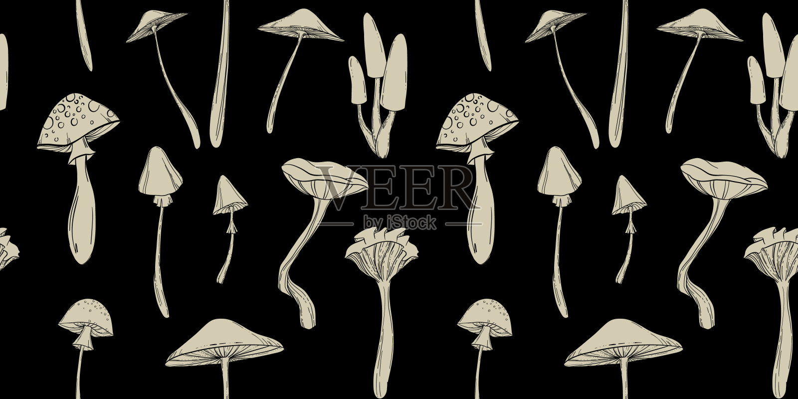 单色无缝图案与毒蘑菇，手绘矢量插图插画图片素材