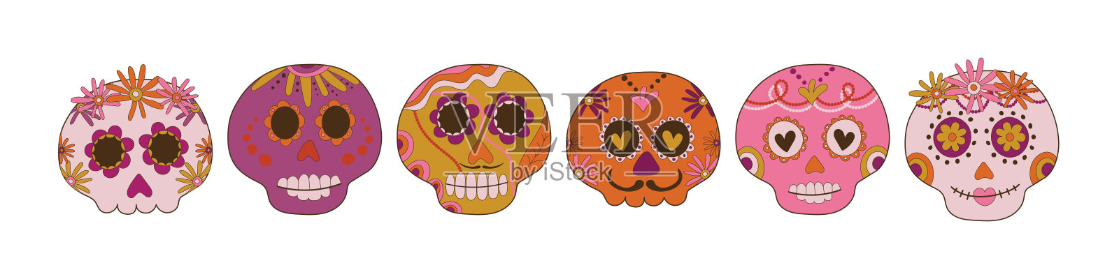 糖头骨装饰的设计元素和彩色花卉装饰。亡灵节墨西哥国家节日亡灵节节日横幅模板的亡灵节。矢量图插画图片素材