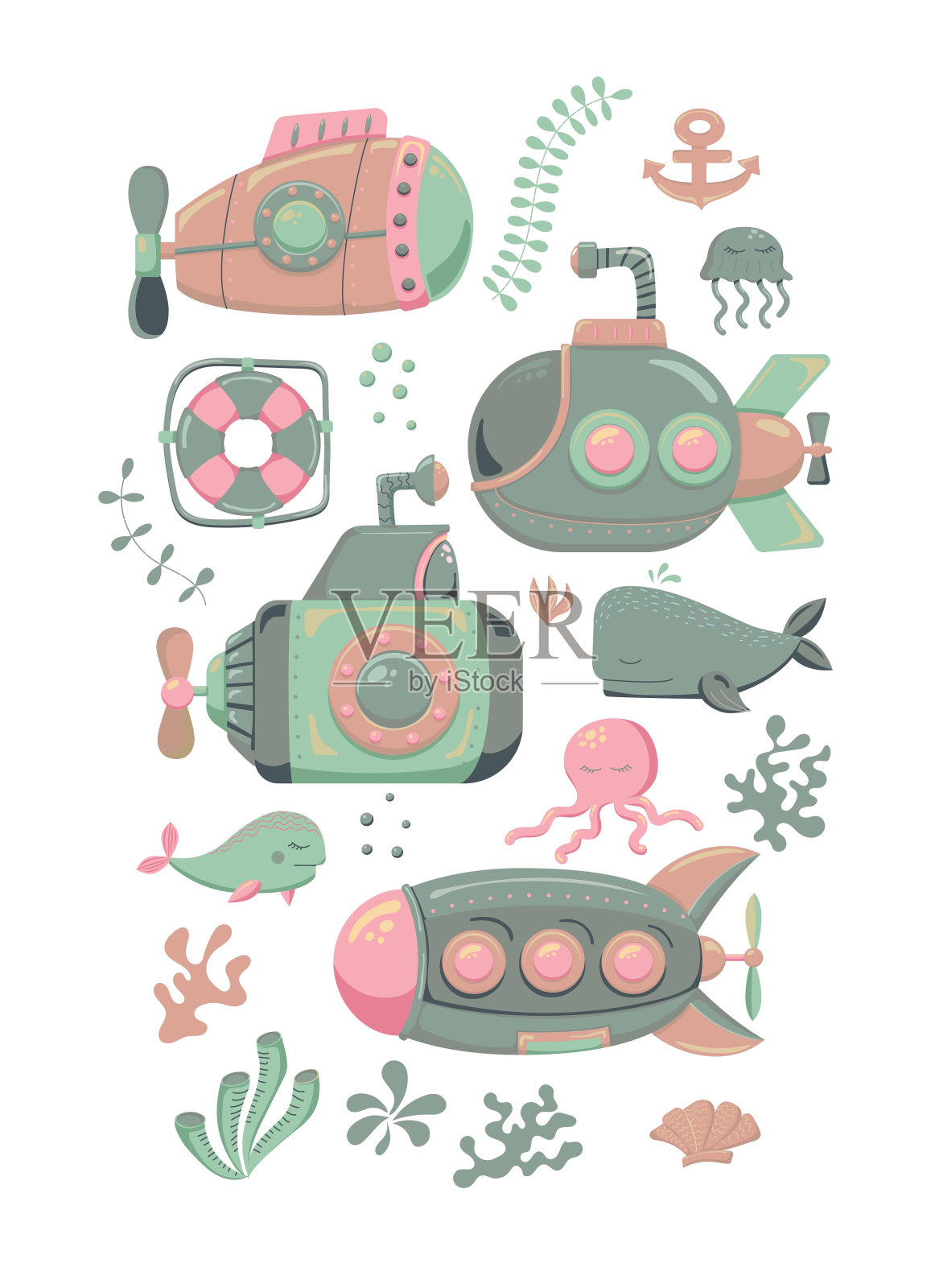 潜艇和海洋生物。着色。专为印刷、织物、纺织品、明信片设计。海洋印刷。潜艇。矢量图插画图片素材
