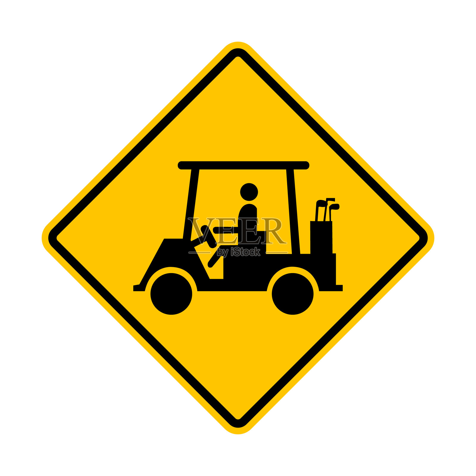 高尔夫球车路标。在一段道路上移动高尔夫球车。在高尔夫球俱乐部或住宅区附近使用高尔夫球车。黄色道路警示标志。插画图片素材