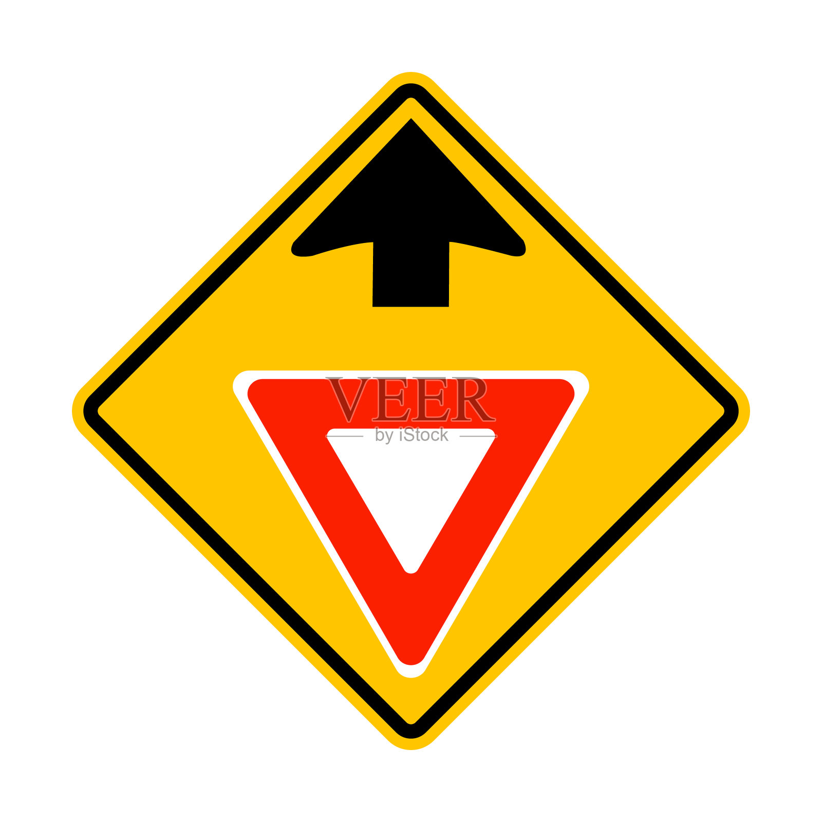 收益率迹象。前面的路标从远处看不见。标志让位。减速给其他车辆让路。谨慎,十字路口。钻石路标。黄色道路警示标志。插画图片素材