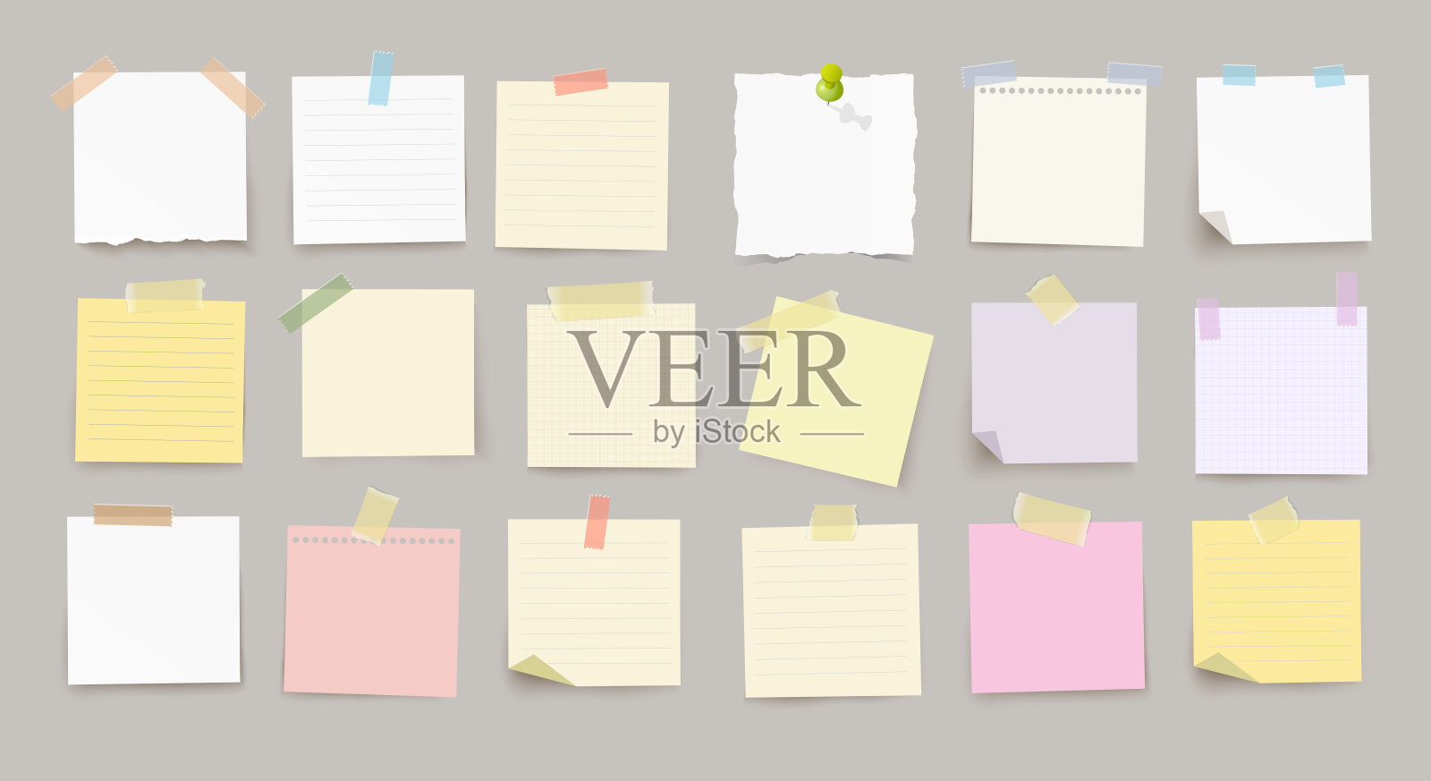 大集矢量现实笔记纸与别针和胶带与透明背景上不同的颜色。插画图片素材