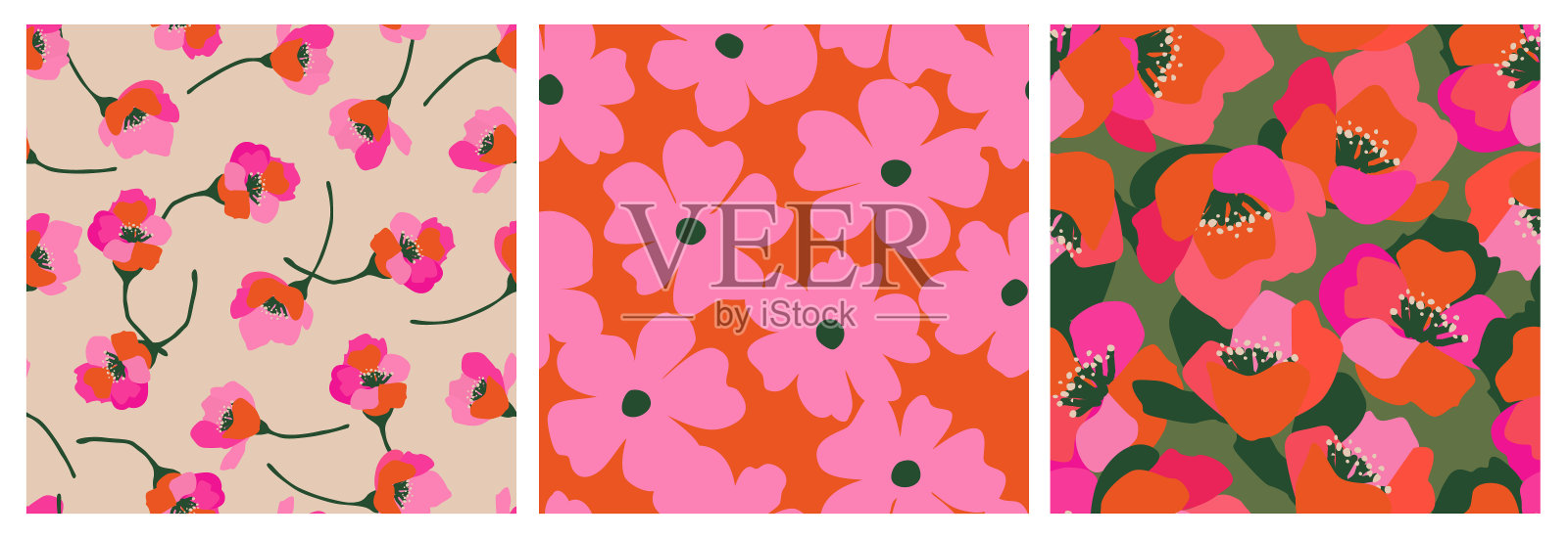 一套手绘可爱的花朵，与织物，纺织品，服装，壁纸，墙壁艺术，海报，横幅，家居装饰，自然抽象背景的彩色花卉无缝图案。矢量插图。插画图片素材