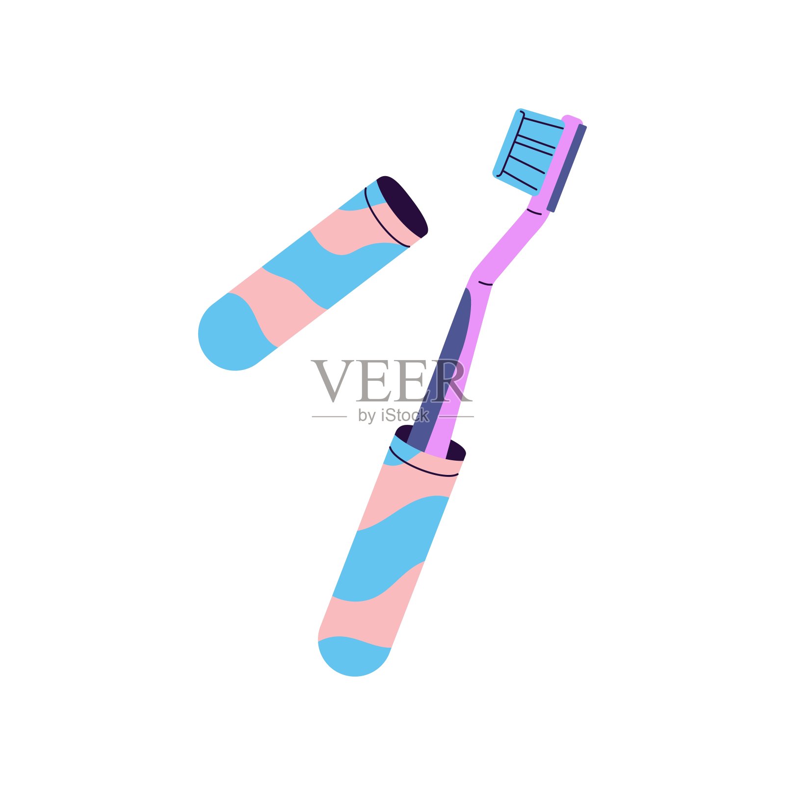 彩色图案盒牙刷。牙刷用于口腔保健、清洁口腔、水治疗。口腔卫生工具防护配件。平面隔离矢量插图上的白色插画图片素材