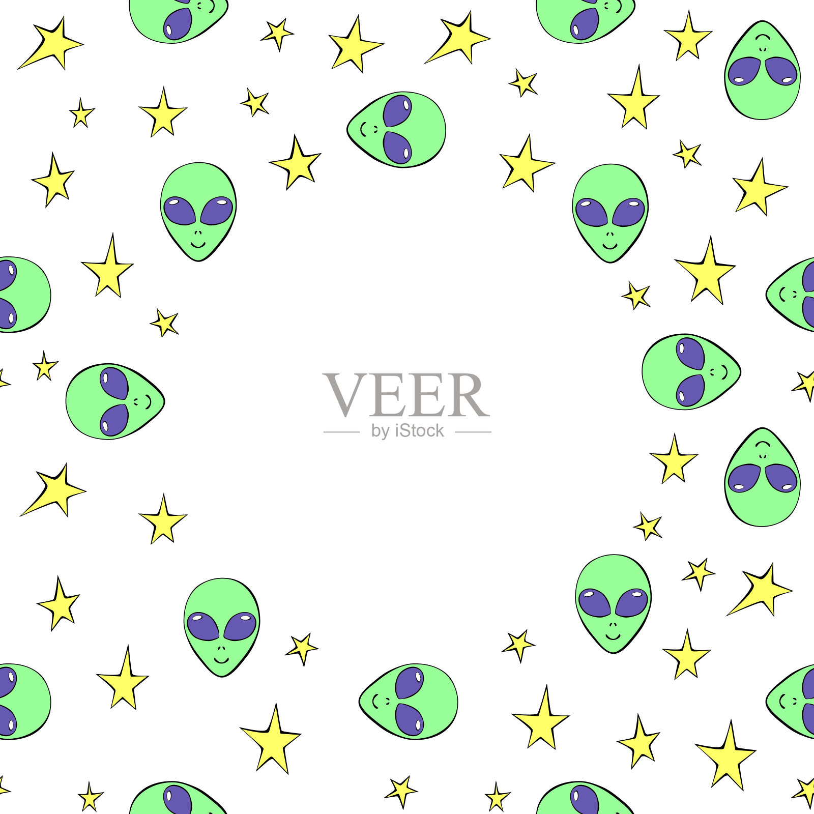 矢量框架，边界从外星人绿色的头，星星在涂鸦平面风格。明亮的背景，装饰主题为空间，UFO，梦幻，儿童设计插画图片素材