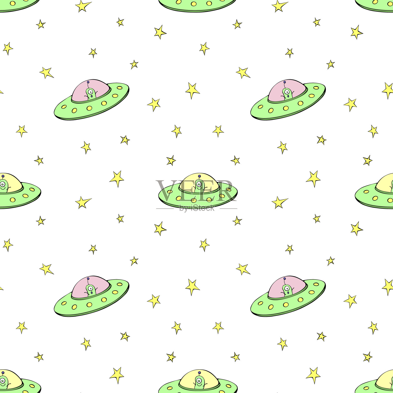 无缝幼稚的图案与飞碟，不明飞行物，可爱的外星人。矢量背景和纹理织物，包装，壁纸，纺织品，服装，封面插画图片素材