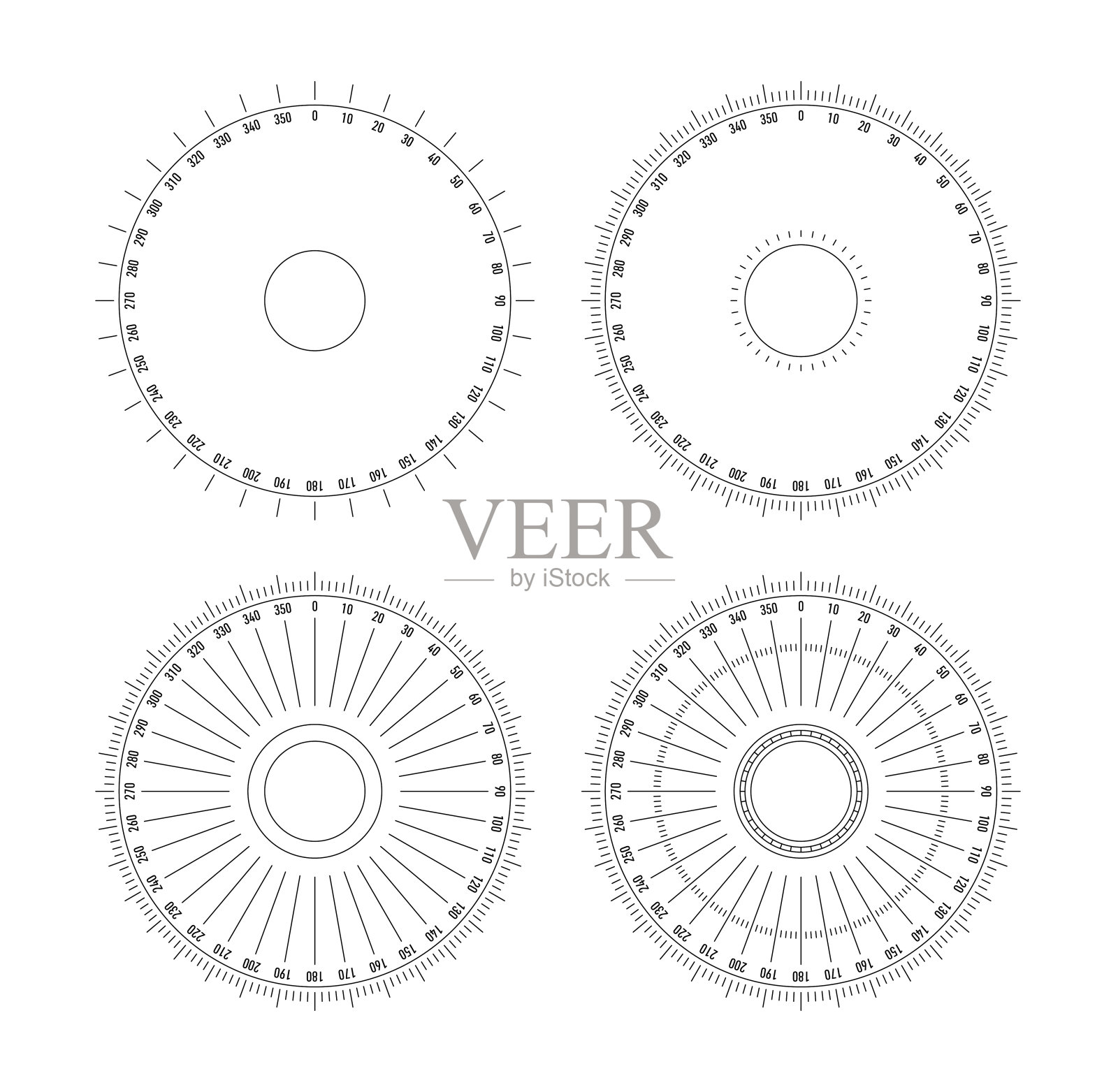 360度刻度盘。白色背景上的360度圆形表盘插画图片素材