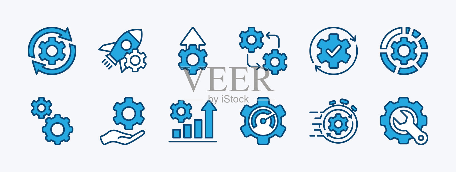 一组齿轮设置图标。包含优化、同步、过程、维护、配置、修改、系统、服务、设置、操作、生产力、性能、效率。矢量图插画图片素材