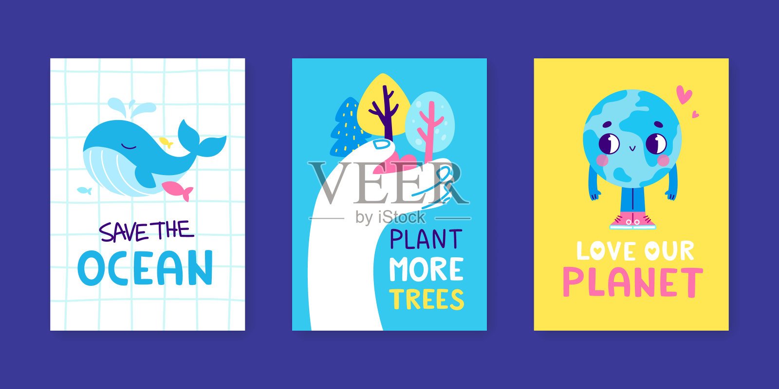 卡通生态海报套装。矢量环境卡片收集。彩色抽象生态横幅。插画图片素材