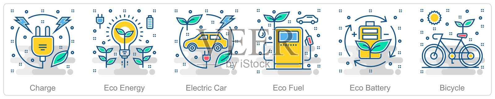 一套6个生态图标，如充电，生态能源，电动汽车插画图片素材