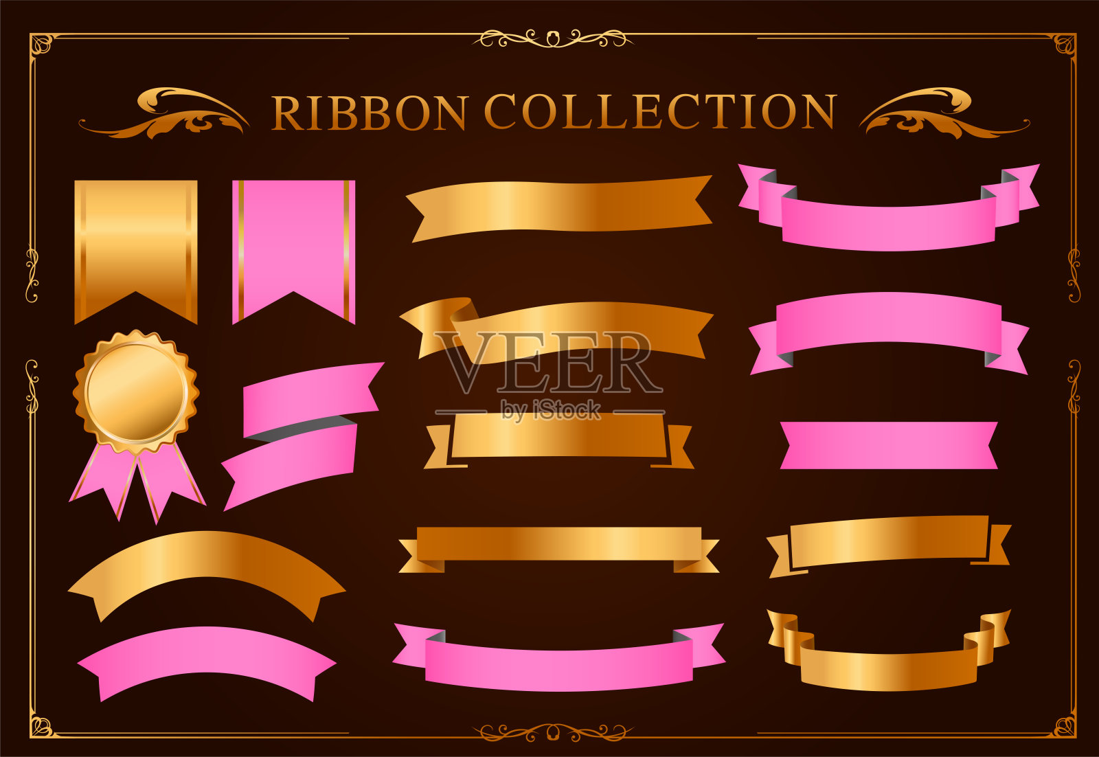 丝带装饰设计集和古色古香的边框和框架设计插画图片素材