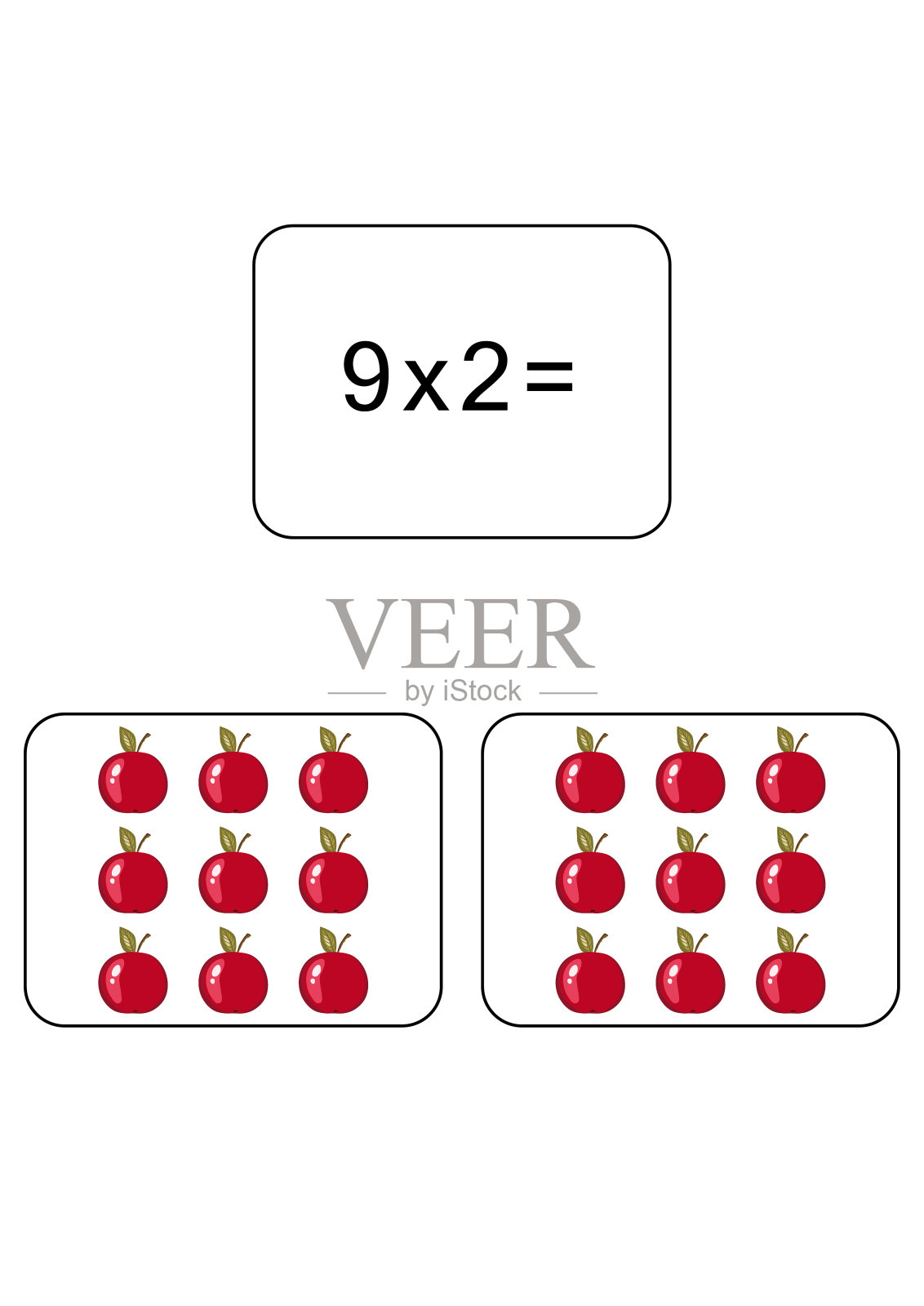 9.乘法表数学卡片配例子，绘图。乘法广场，矢量插图。印刷品，横幅，儿童桌，学童。学校教育，逻辑任务。插画图片素材