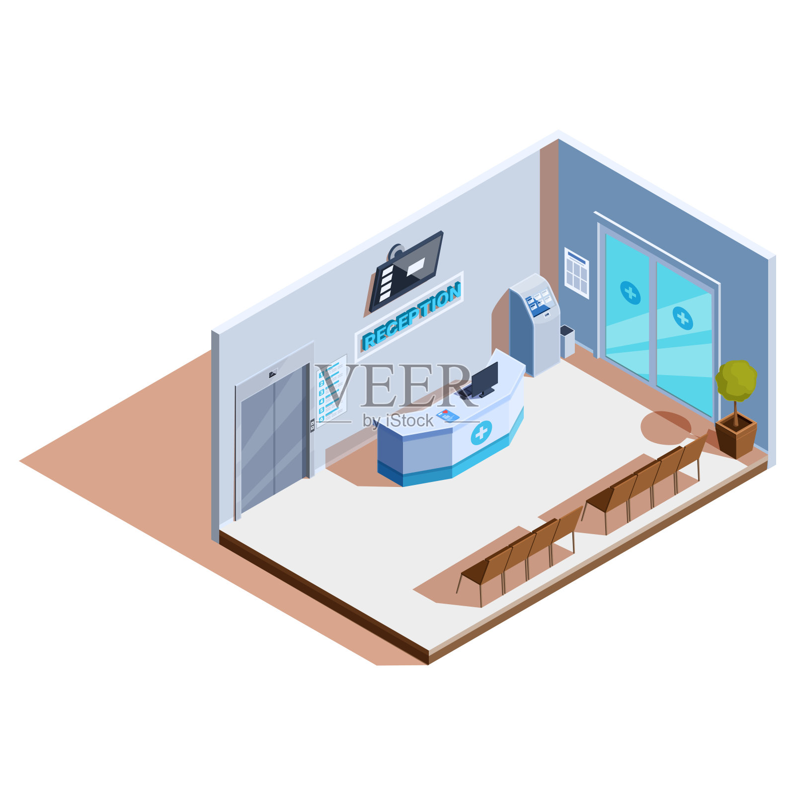 等距医院接待与家具和电梯，矢量插图插画图片素材