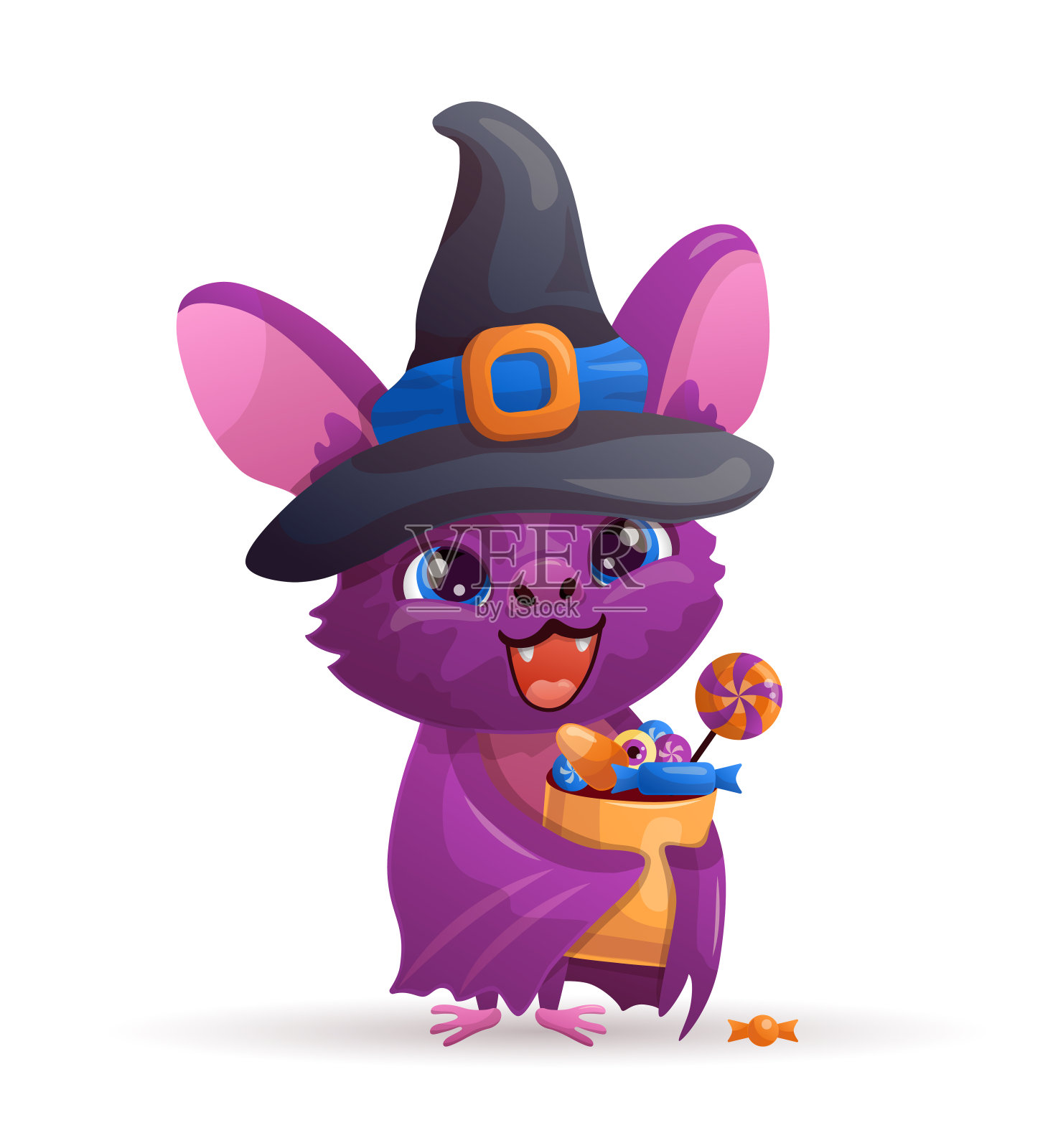 戴着女巫帽的蝙蝠和糖果。插画图片素材