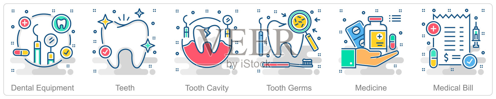 一套6个医学图标作为牙科设备、牙齿、牙腔插画图片素材