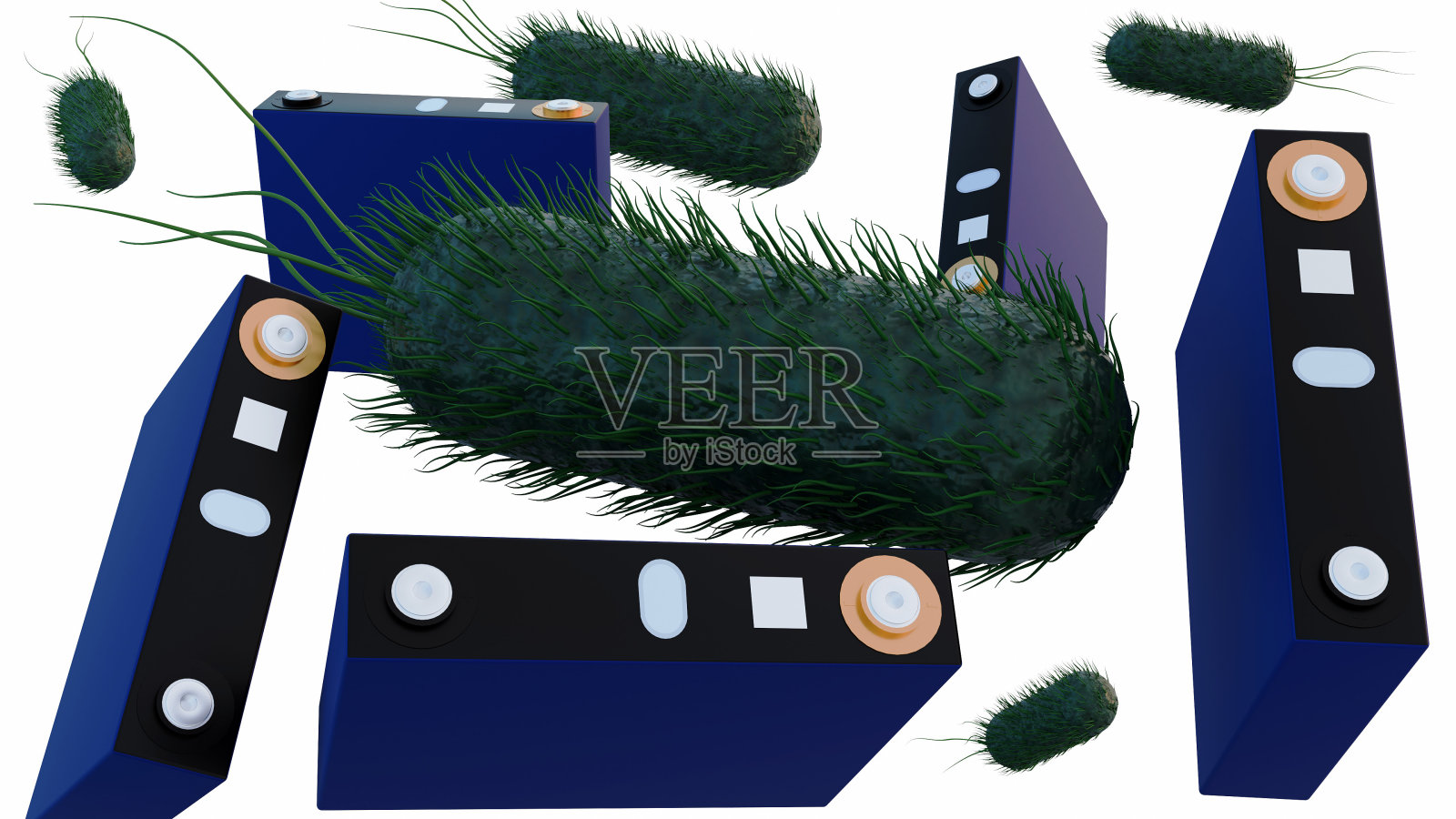 棱镜电池的三维渲染和细菌作为生物电池的象征照片摄影图片