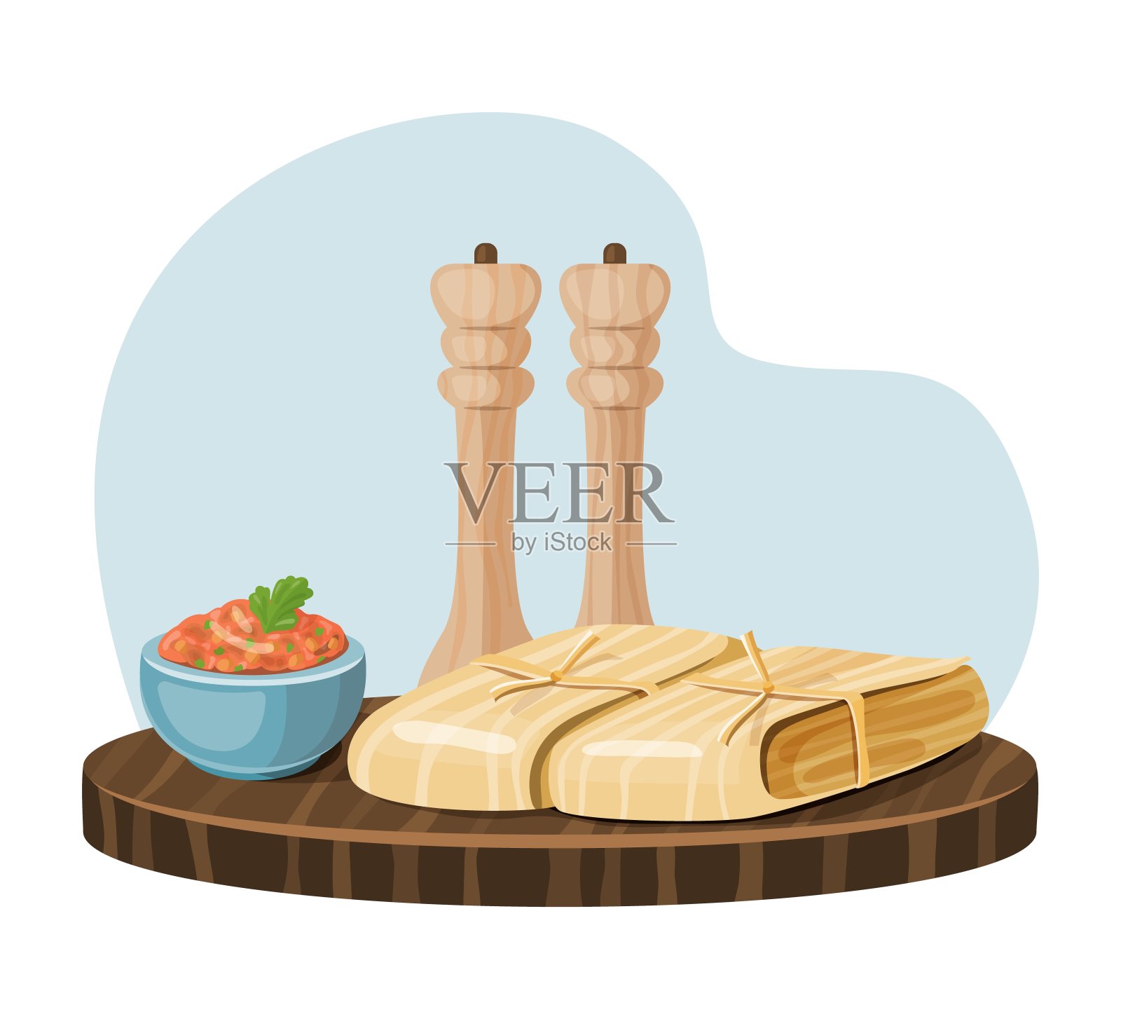 木板上的玉米粉蒸肉和莎莎酱。插画图片素材