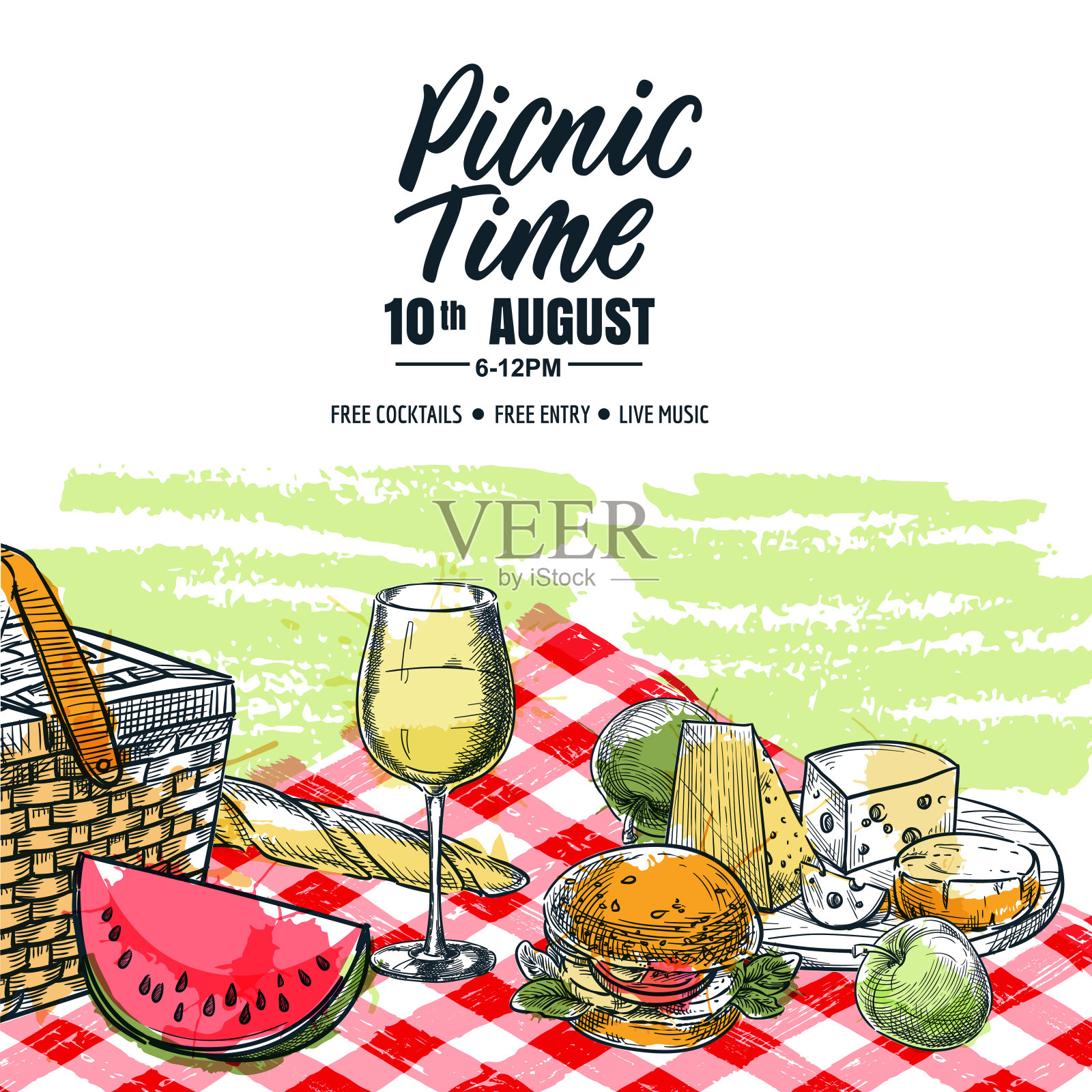 野餐横幅、海报设计。手绘酒杯，汉堡，桌布上的奶酪。矢量素描插图插画图片素材