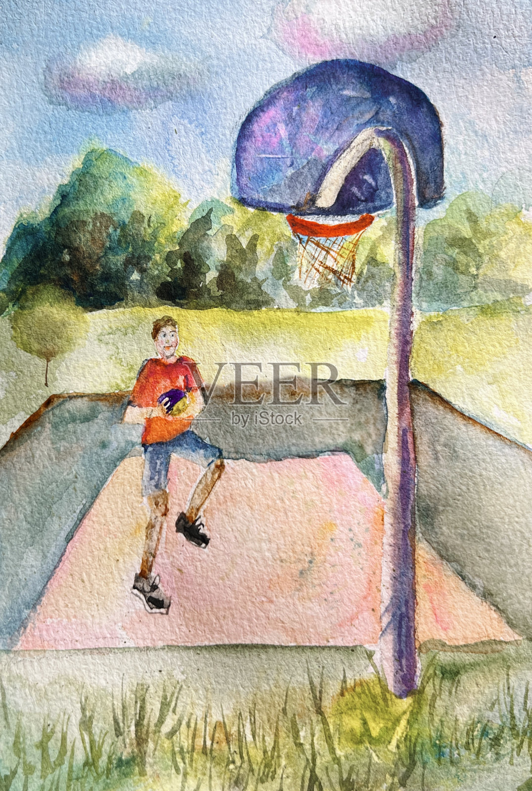 水彩画的篮球运动员插画图片素材