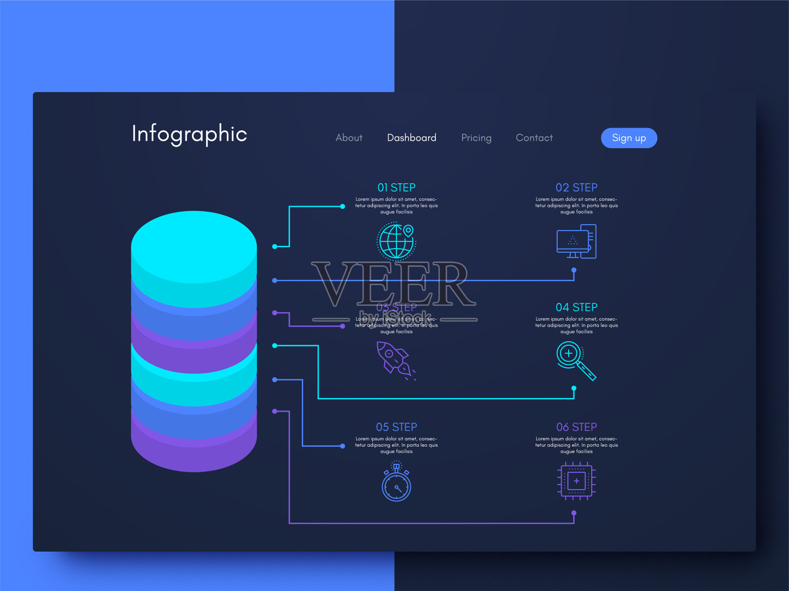 矢量图形信息图形与六个选项。模板创建移动应用程序，工作流布局，图表，横幅，网页设计，业务报告与6个步骤插画图片素材