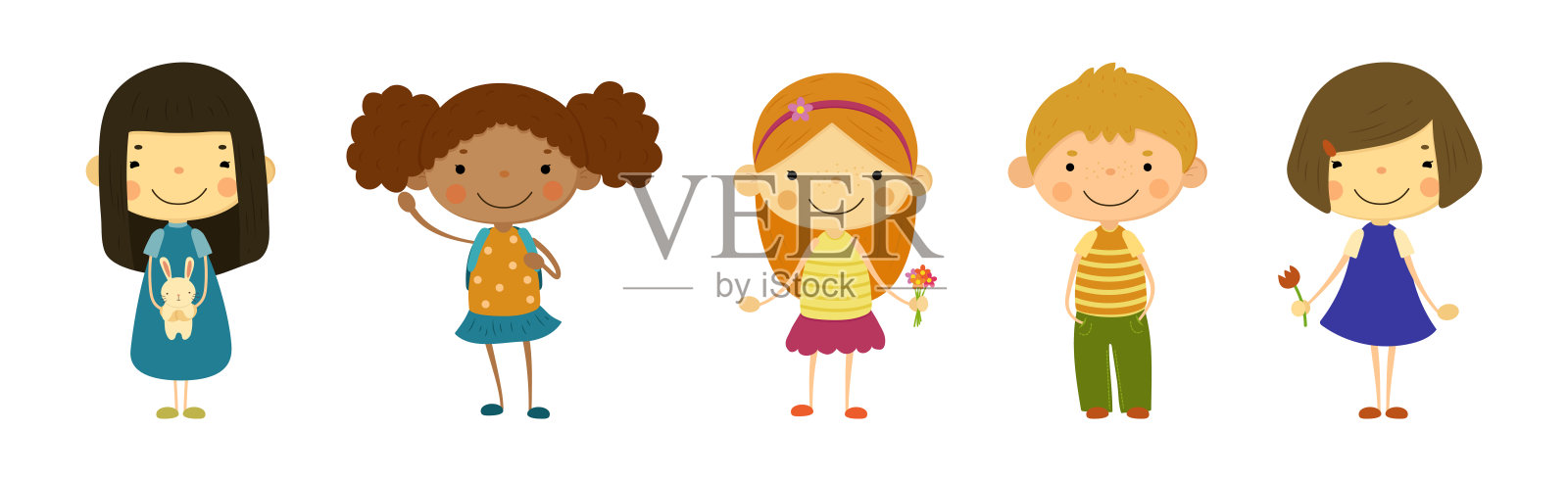 快乐微笑的孩子站在友好的脸向量集插画图片素材