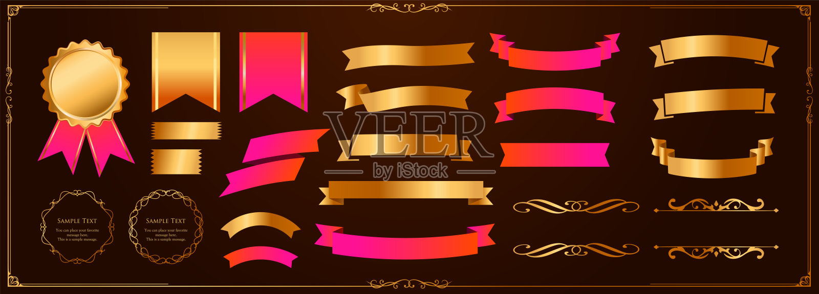 丝带装饰设计集和古色古香的边框和框架设计插画图片素材